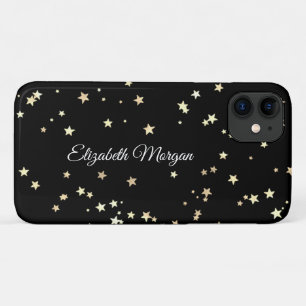 Case-Mate iPhone Case Grandes étoiles d'or sur noir, nom de script blanc