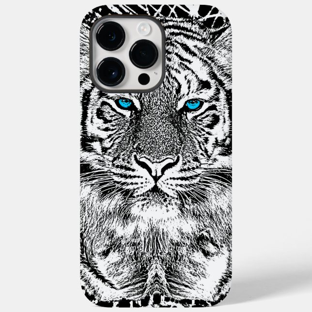 Coques Case-Mate iPhone Graphique de tigre noir et blanc aux yeux bleus (Verso)