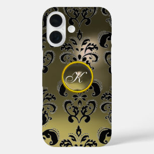 Coque Pour iPhone 16 GRAS NOIR DAMASK MONOGRAMME DE PIERRE DE JEU Flora