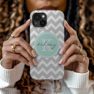 Coque Pour iPhone 15 Gray and Mint Chevron Custom
