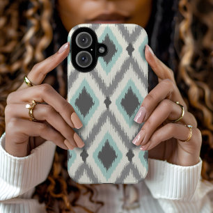 Coque Pour iPhone 16 Gray and Mint Tribal Ikat Chevron