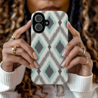 Coque Pour iPhone 16 Gray and Mint Tribal Ikat Chevron