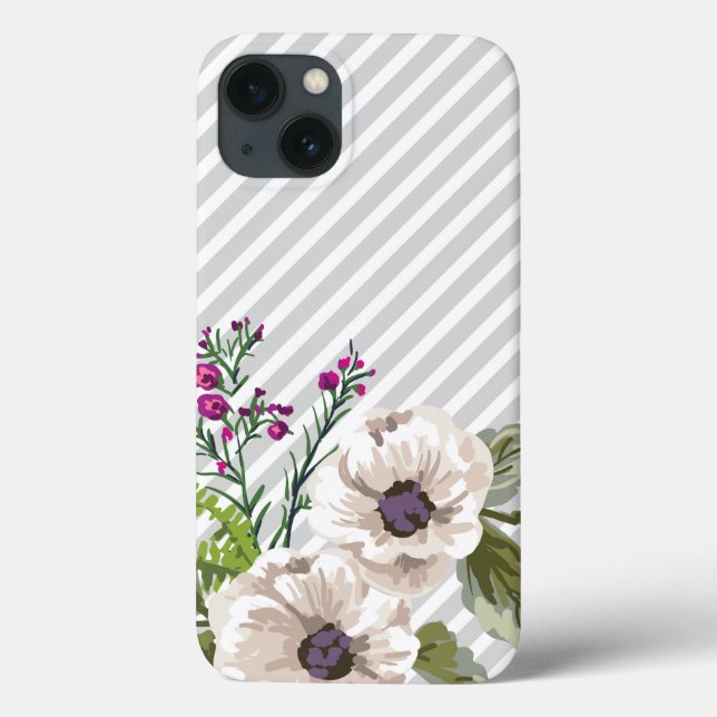 Coques Case-Mate iPhone Gray Diagonal Stripes With Purple Flowers (Verso)