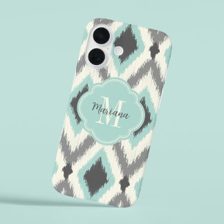 Coques iPhone 16 Gray et Mint Tribal Ikat Chevron Monogramme