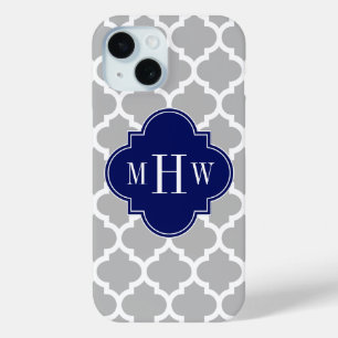 Coque Pour iPhone 15 Gray White Moroccan #5 Navy 3 Première monogramie