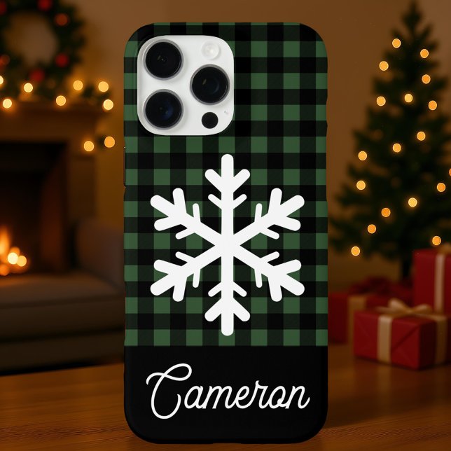 Coques Case-Mate iPhone Green & Black Plaid with Snowflake Custom Name (Créateur téléchargé)