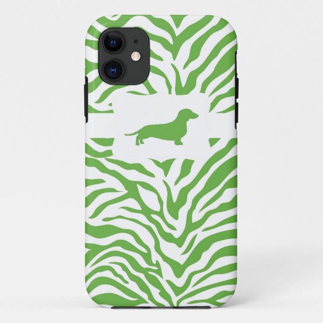 Coques Case-Mate iPhone Grève verte de zèbre avec Dachshund (Dos)