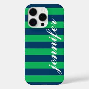 Coque iPhone 16 Pro Grèves de Green et de Navy sur mesure Script Nom d