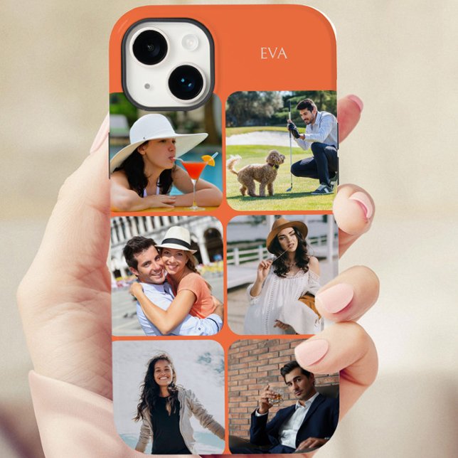 Coques Case-Mate iPhone Grille de photos 6 images Nom ou Initiales Orange (Orange personalized iphone case with 6 picture photo collage by Darling & May)