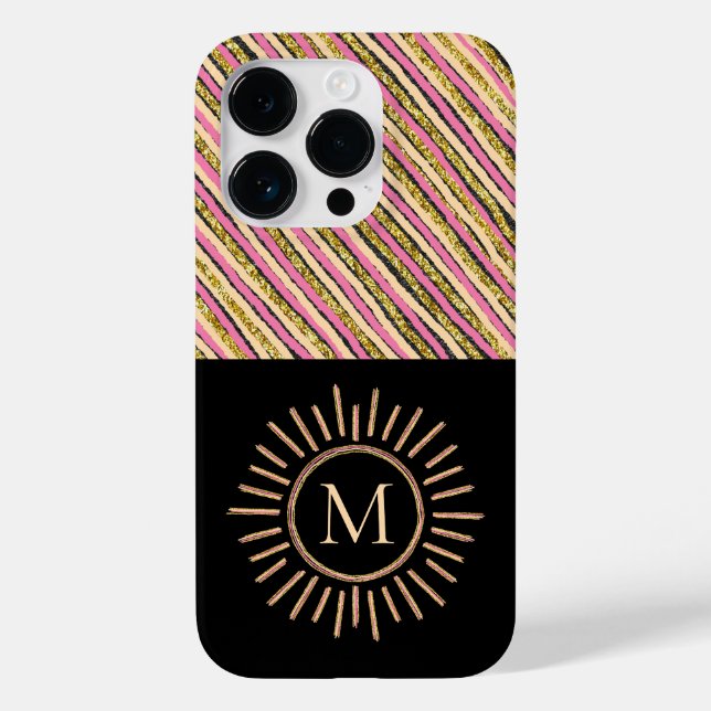 Coques Case-Mate iPhone Grilles Monogrammes modernes Jaune Or Noir (Verso)