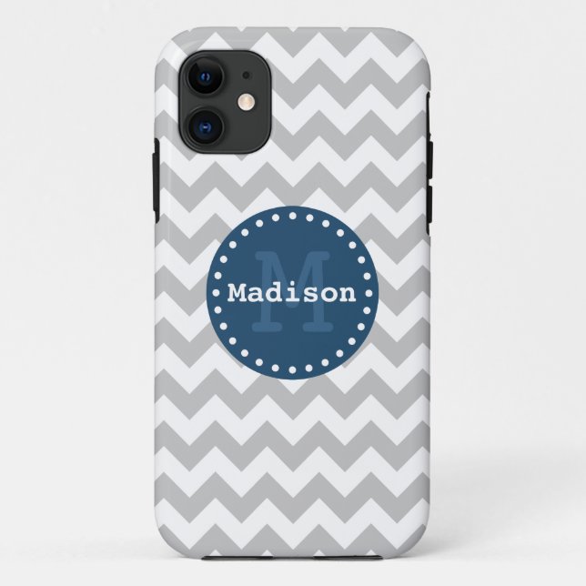 Coques Case-Mate iPhone Gris blanc bleu Chevron Zigzag Monogramme (Dos)