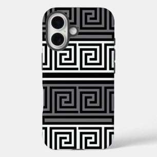 Coque Pour iPhone 16 Gris Blanc Noir Clé grecque Fret Motif Design