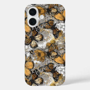 Coque Pour iPhone 16 Gris Blanc Or Papillons Floraux Élégants