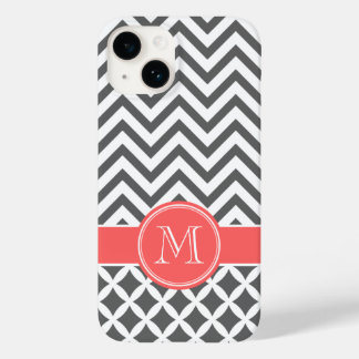 Coques Pour iPhone Gris de charbon et corail Chevron Monogramme
