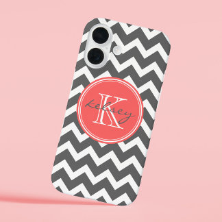 Coque Pour iPhone 16 Gris de charbon et corail Chevron personnalisé Mon