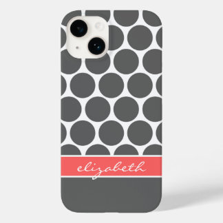 Coque Pour iPhone 14 Gris de charbon et corail Mod Big Dots Monogramme