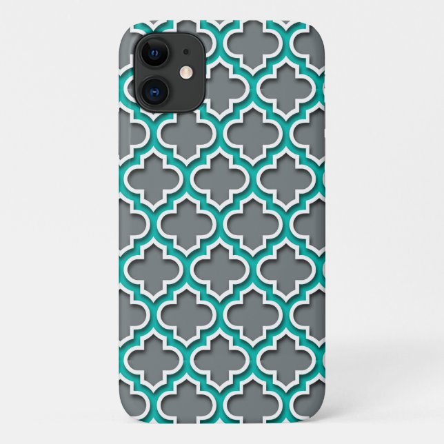 Coques Case-Mate iPhone Gris de charbon Turquoise blanc Quatrefoil marocai (Dos)