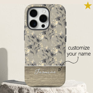 Coque iPhone 16 Pro Gris Élégant Fleur Motif Grain de Bois Nom Personn