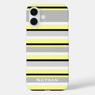 Coque Pour iPhone 16 Plus Gris et Jaune rayé élégant Personnalisé