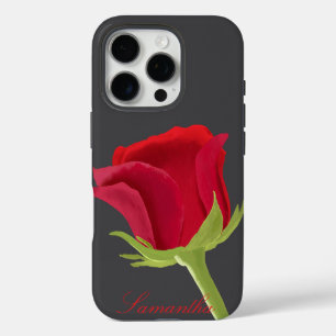 Coque iPhone 16 Pro Gris foncé avec rose rouge