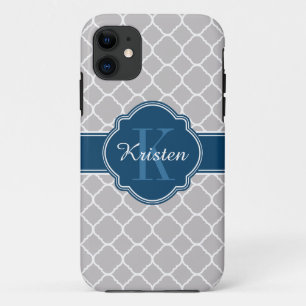 Etui iPhone Case-Mate Gris marocain Quatrefoil Motif Monogramme bleu