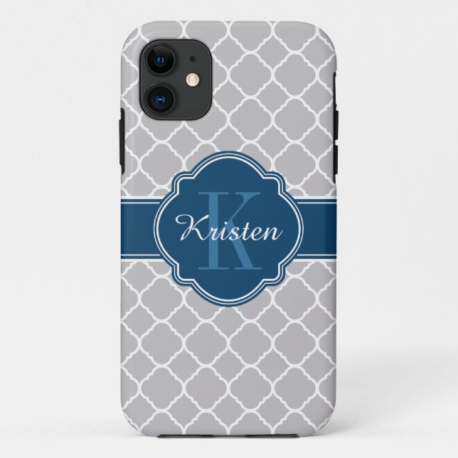 Coques Case-Mate iPhone Gris marocain Quatrefoil Motif Monogramme bleu (Dos)
