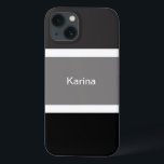 Case-Mate iPhone Case Gris Noir Et Blanc Personnalisé Rayures Élégantes<br><div class="desc">Vous adorerez cette coque de téléphone moderne,  chic et élégante avec un motif de rayures grises,  noires et blanches. Grandes rayures noires et grises avec de petites rayures blanches. Personnalisé avec votre nom imprimé en texte blanc.</div>
