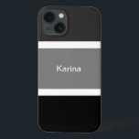 Case-Mate iPhone Case Gris Personnalisé Gris Noir Et Blanc Gratuit<br><div class="desc">Vous adorerez cette étagère de téléphone portable moderne,  chic et design avec un motif rayé gris,  noir et blanc. Grandes bandes noires et grises avec petites bandes blanches. Personnalisé avec votre nom imprimé dans un texte blanc.</div>