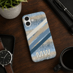 Coque Pour iPhone 16 Plus Gris Taupe Brun Beige Rayures Bleu Foncé Personnal