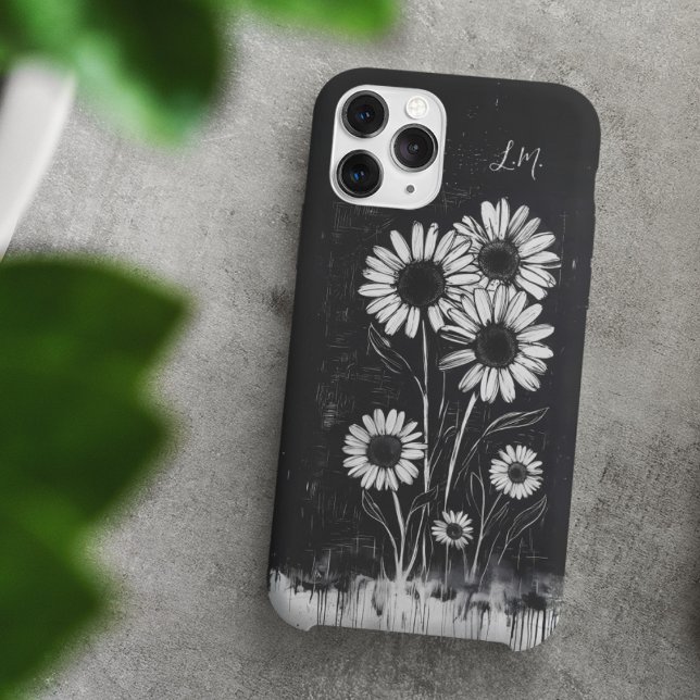 Coques Case-Mate iPhone Grunge Daisy Black White Monogramme Nom personnali (Créateur téléchargé)