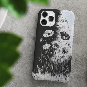 Coque Pour iPhone 16 Grunge Poppy Noir Blanc Monogramme Nom personnalis