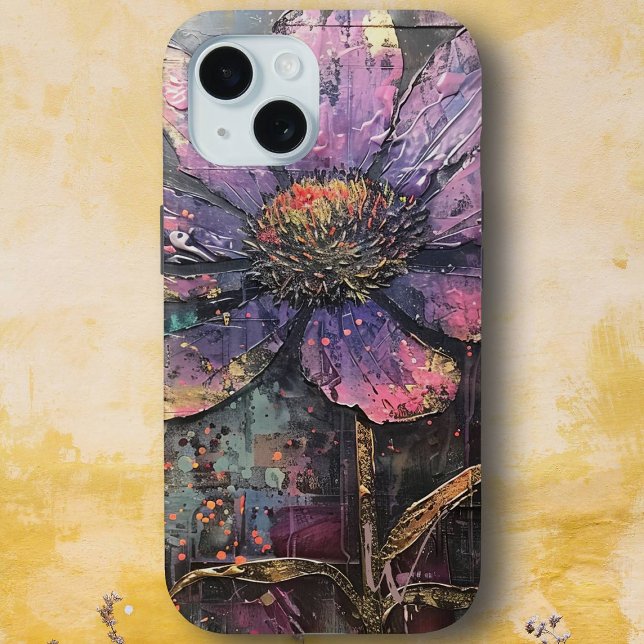 Coques Case-Mate iPhone Grunge Purple Daisy Art Abstrait Monogramme (Créateur téléchargé)
