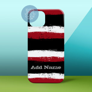 Coque Pour iPhone 16 Grunge Stripes et Nom - noir rouge blanc