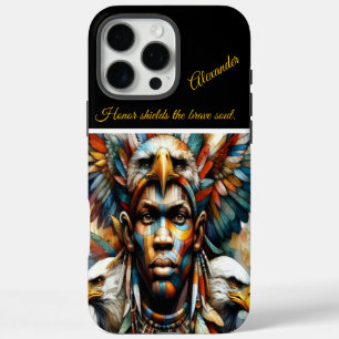 Coque iPhone 16 Pro Max Guerrier africain orné d'aigle, art de l'IA