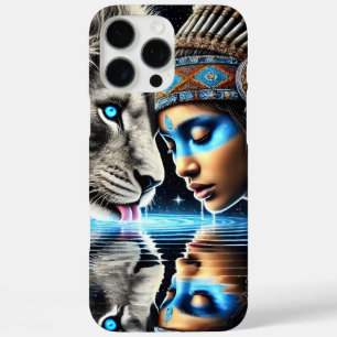 Coque iPhone 16 Pro Max Guerrier natif et lion, reflet au clair de lune