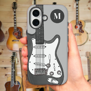Coque Pour iPhone 16 Guitare électrique personnalisée gris noir blanc m
