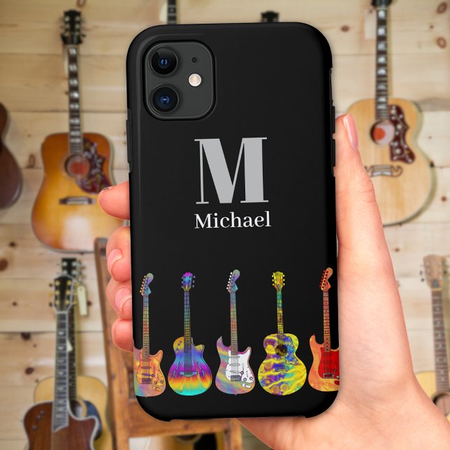 Coques Case-Mate iPhone Guitares colorées Monogramme (Cool monogram colorful guitars black phone case)