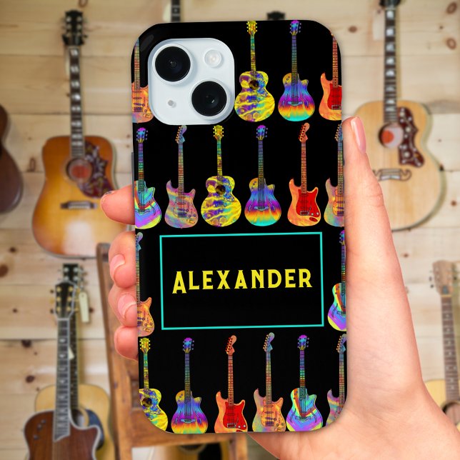 Coques Case-Mate iPhone Guitares Motif d'art pop psychédélique funky Ajout (Cool colorful psychedelic guitar pattern on black personalized name phone case)