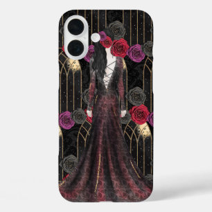 COQUE POUR iPhone 16 PLUS HALLOWEEN GOTHIC BLACK ROUGE FLEURS ET FEMME