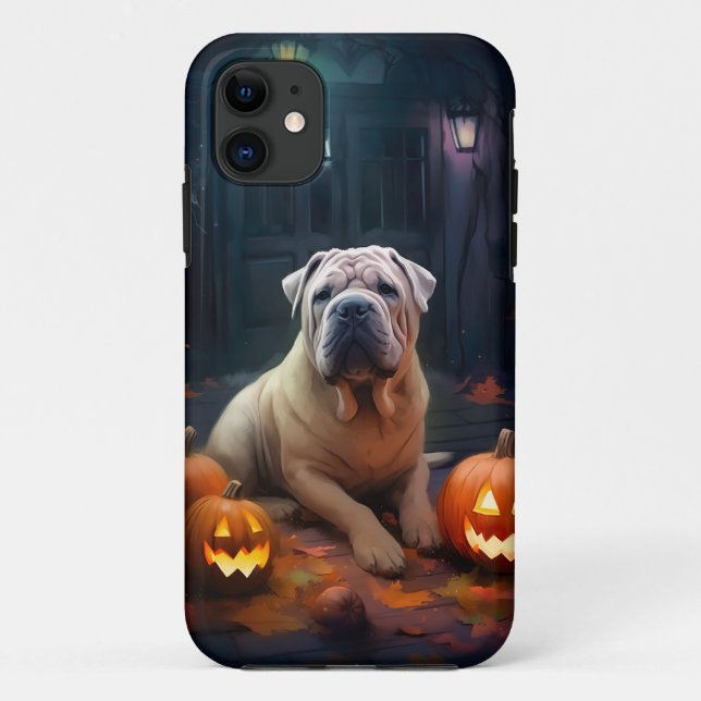 Coques Case-Mate iPhone Halloween Shar Pei avec citrouilles effrayant (Dos)