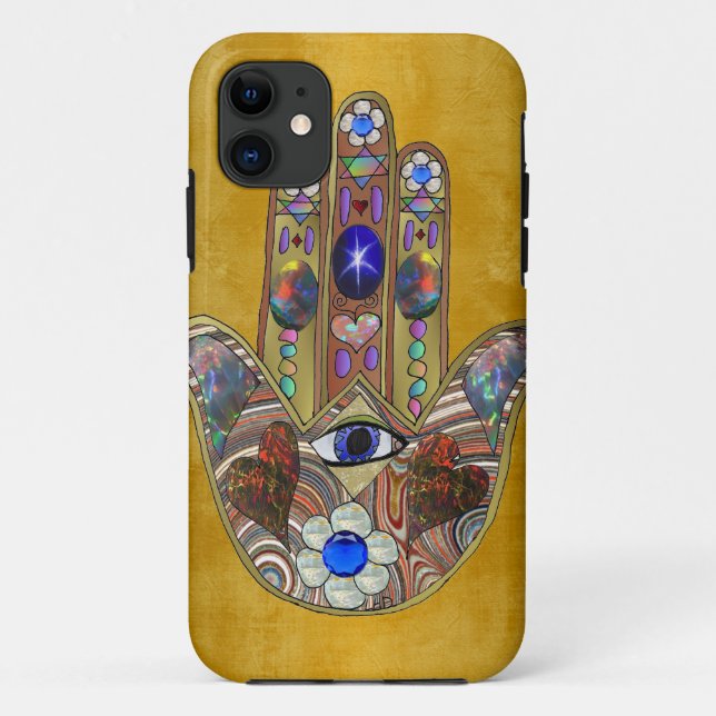Coques Case-Mate iPhone Hamsa Cœurs Fleurs Opale Art sur Or (Dos)