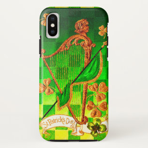Coque Pour iPhone XS HARPE IRLANDAISE, TRÈFLES VERTS DORÉS Fête de la S