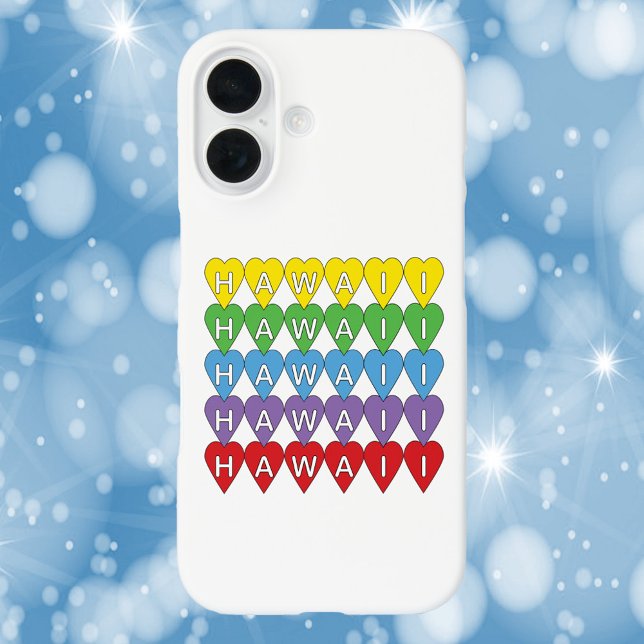 Coques Case-Mate iPhone Hawaii Hearts Motif Rainbow (A phone case with a rainbow heart pattern that says Hawaii.)