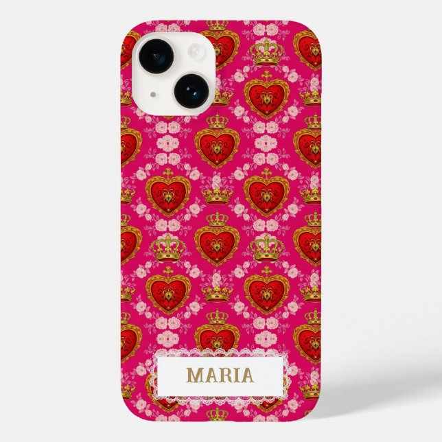 Coques Case-Mate iPhone Heart and Crown Fuchsia Pink Maximalist Custom (Verso)