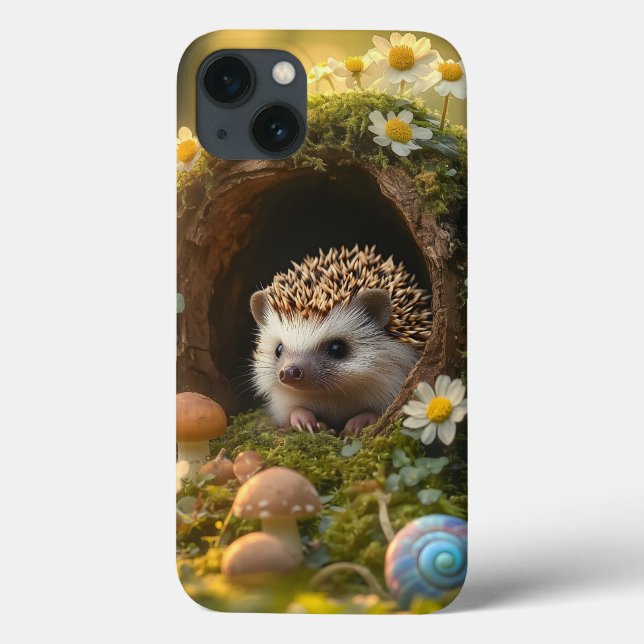 Coques Case-Mate iPhone Hérisson adorable dans Mossy Log Home avec Fleurs (Verso)