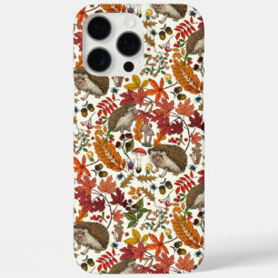 Coque iPhone 16 Pro Max Hérissons et flore forestière automnale sur ivoire