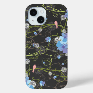 Coque Pour iPhone 15 Hibiscus Bleu Avales Oiseaux Élégants Jardin Flora