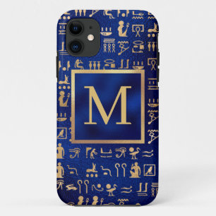 Case-Mate iPhone Case Hiéroglyphes d'Égypte or sur Blue Intial