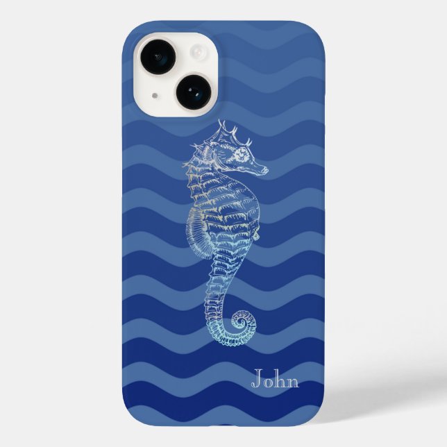 Coques Case-Mate iPhone Hippocampe Vagues Rayure Bleu Marine Nautique (Verso)
