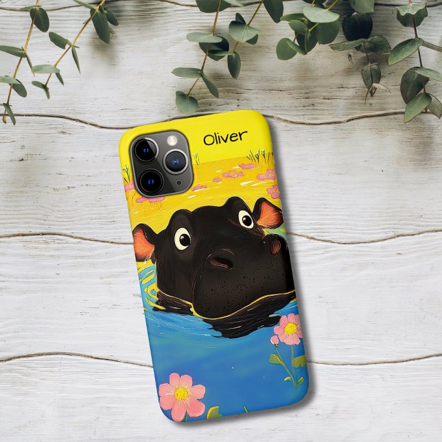 Coques Case-Mate iPhone Hippopotame heureux dans un étang en fleurs (Créateur téléchargé)